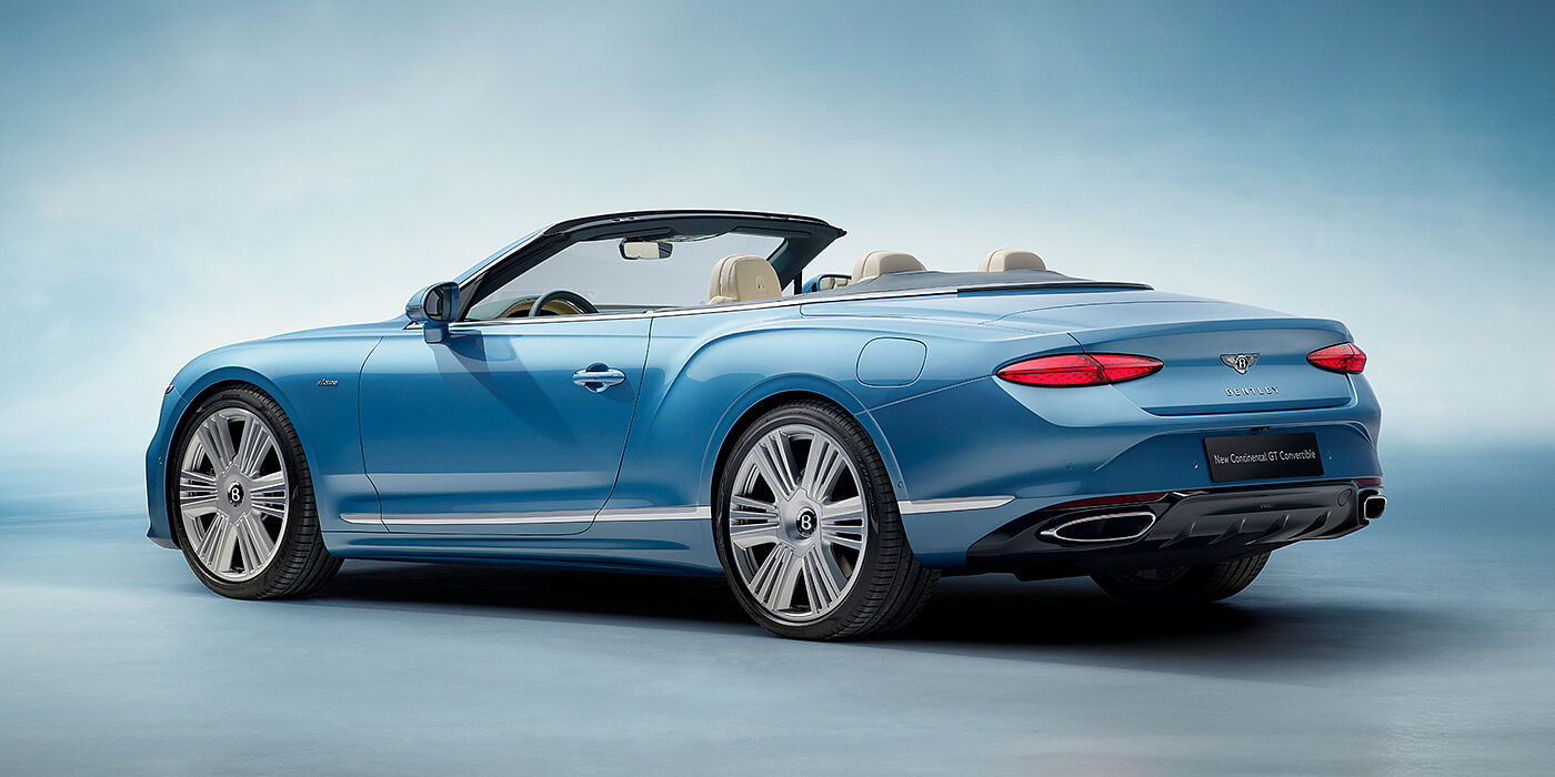 Bentley Singapore New Bentley Continental GTC Azure convertible rear view in Light Windsor blue paint with 22 inch ten spoke wheels and chrome exterior details