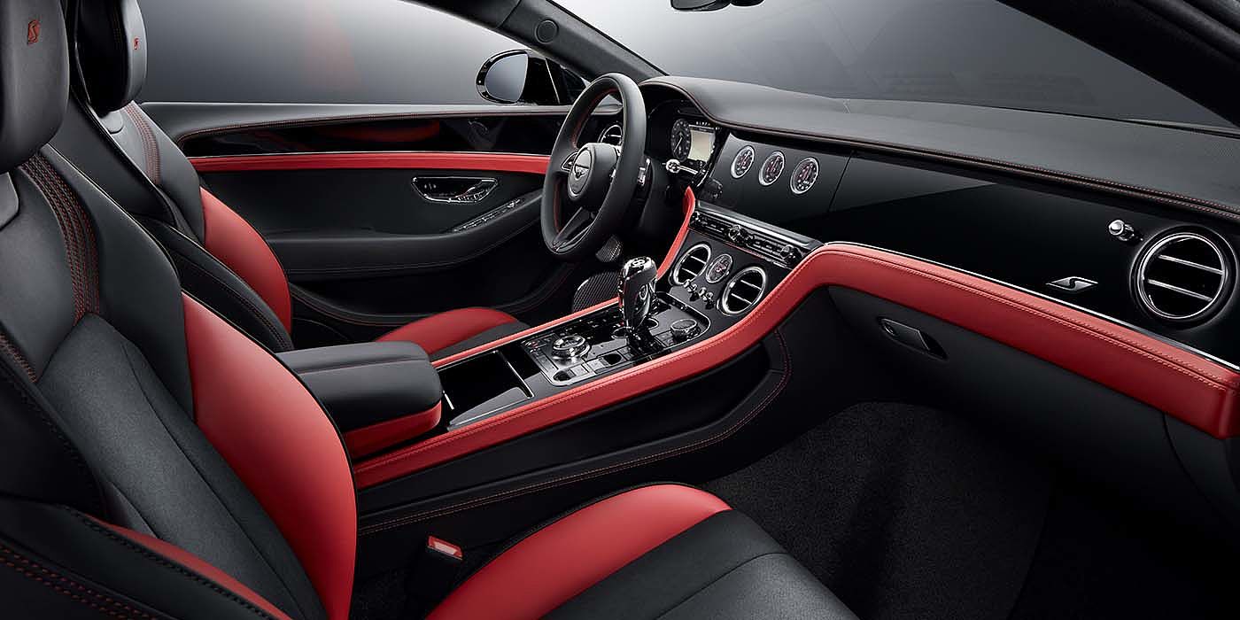 Bentley Singapore Bentley Continental GT S coupe front interior in Beluga black and Hotspur red hide with high gloss Carbon Fibre veneer