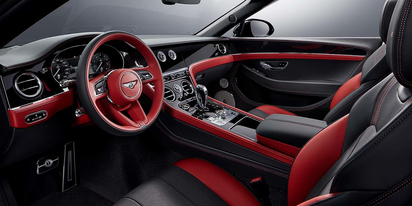 Bentley Singapore Bentley Continental GTC S convertible front interior in Beluga black and Hotspur red hide with high gloss carbon fibre veneer