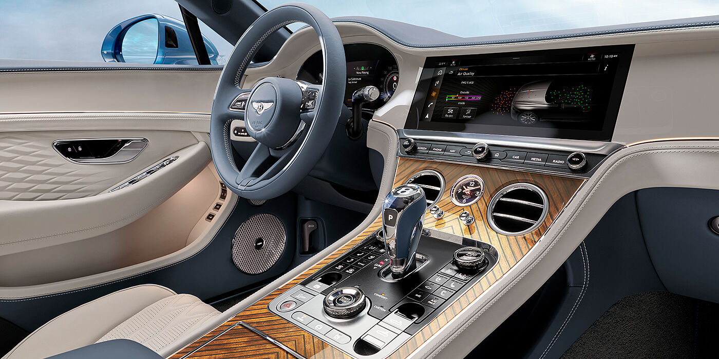 Bentley Singapore New Bentley Continental GTC Azure convertible interior front cabin view with Linen and Brunel hides and Piano Linen by Mulliner veneer featuring centre console and centre MMI screen