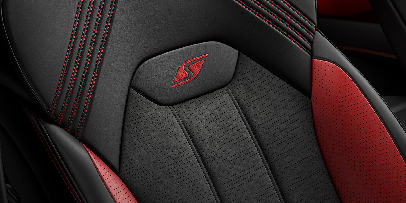 Bentley Singapore Bentley Bentayga S seat with detailed red Hotspur stitching and black Beluga coloured hide. 