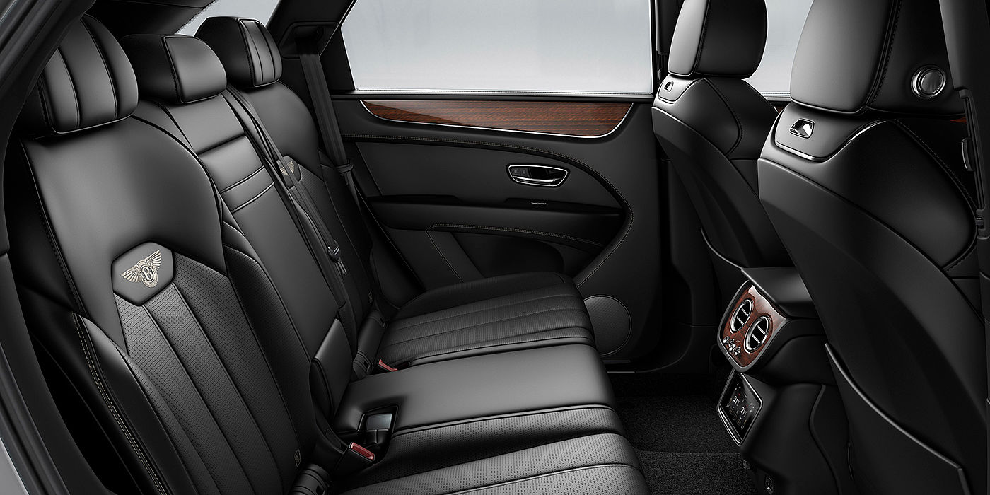 Bentley Singapore Bentey Bentayga interior view for rear passengers with Beluga black hide.