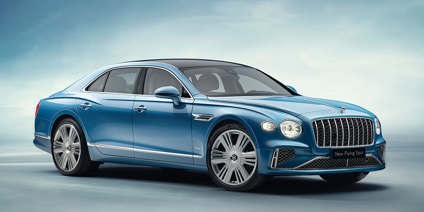 Bentley Singapore New Bentley Flying Spur Azure sedan front view in Light windsor blue by Mulliner paint with 22 inch Azure wheels and chrome exterior details