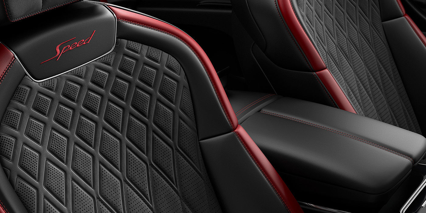 Bentley Singapore Bentley Flying Spur Speed sedan seat stitching detail in Beluga black and Cricket Ball red hide