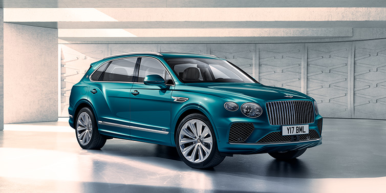 Bentley Singapore Bentley Bentayga Extended Wheelbase Azure SUV front three quarter in Topaz blue paint colour with a grey background