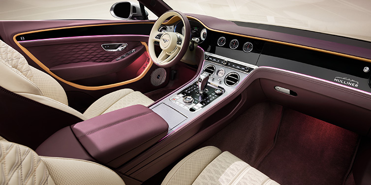 Bentley Singapore Bentley Continental GTC Mulliner convertible front interior including Linen and Damson purple hides and Grand Black veneer