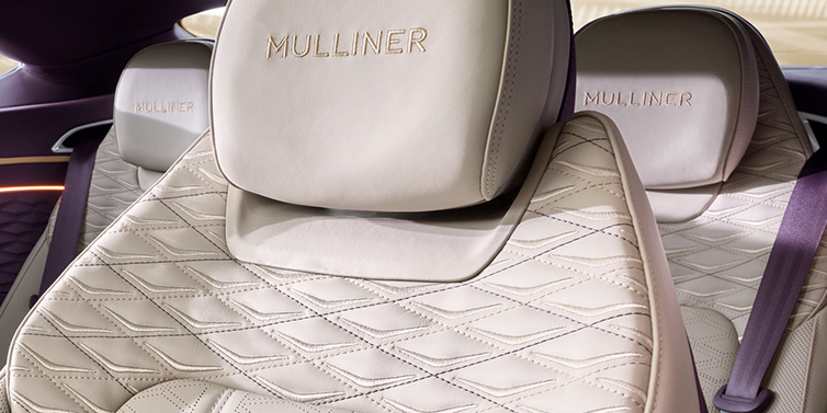 Bentley Singapore Bentley Continental GT Mulliner coupe seat detail in Linen leather with Mulliner Diamond in Diamond quilting and Mulliner embroidered seat emblem